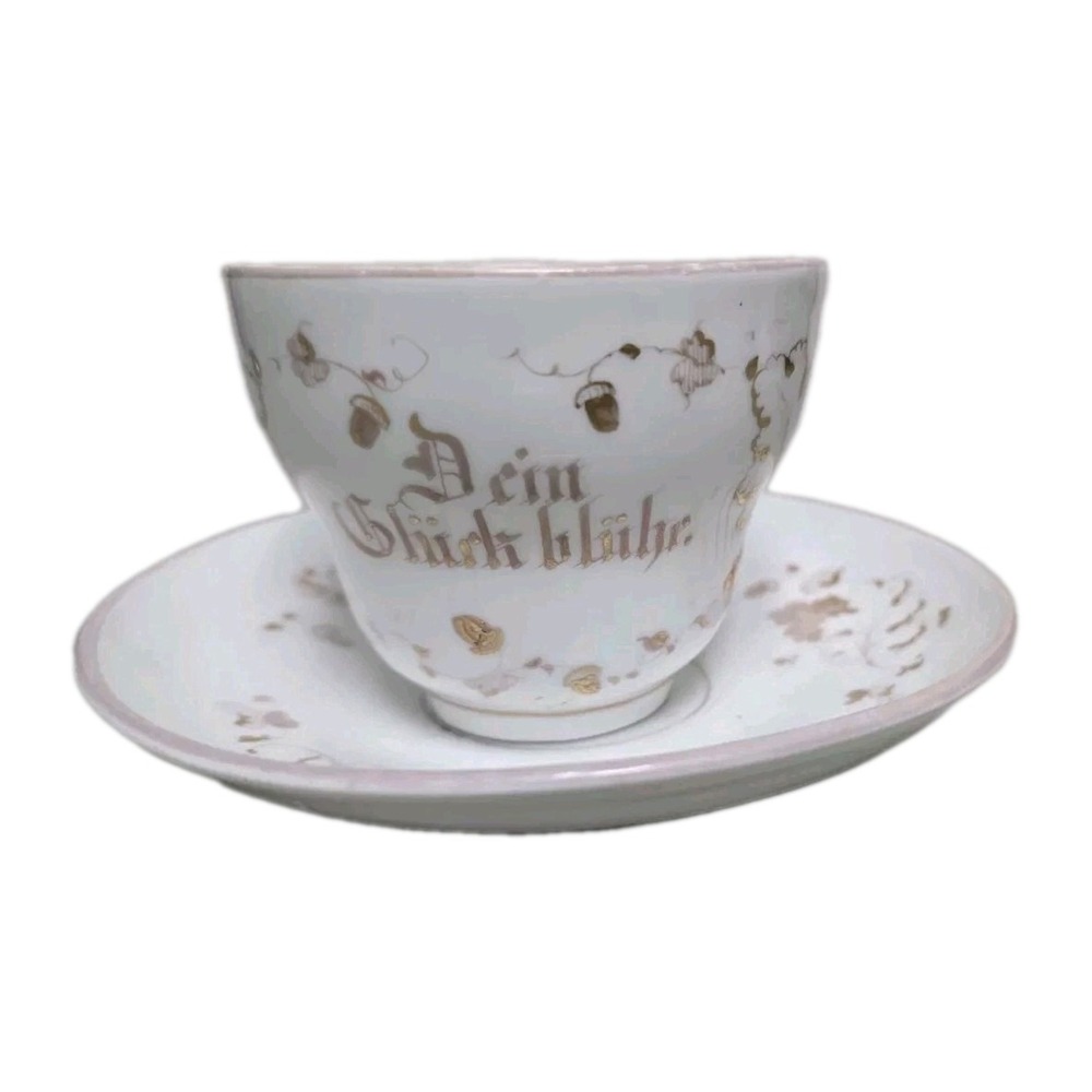 Antique KPM Krister Gold Gilt German Motto & Leaves Acorns Pink Tea Cup & Saucer